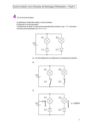 Carlos Cardelo: Curs d'Auxiliar de Muntatge d'Ordinadors – P.Q.P.I.

4

En el circuit de la figura:
a) Identifiqueu l'estat dels díodes i de les bombetes.
b) Dibuixeu el circuit equivalent
c) Determineu el sentit i el valor de les intensitats dels corrents si Ug = 7 V, i els valors
nominals de les bombetes són 12 V / 0,1 A.

A) D1 NO CONDUEIX; D2 CONDUEIX; B1 APAGADA; B2 ENCESA
B)

C)

I1 = 0 A

I1 = 0,06 A

3

 