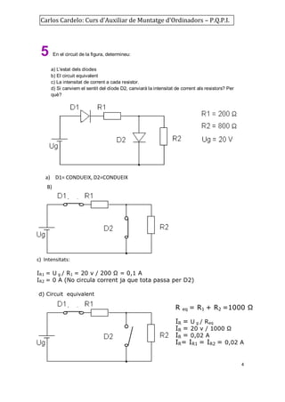 Carlos Cardelo: Curs d'Auxiliar de Muntatge d'Ordinadors – P.Q.P.I.

5

En el circuit de la figura, determineu:
a) L'estat dels díodes
b) El circuit equivalent
c) La intensitat de corrent a cada resistor.
d) Si canviem el sentit del díode D2, canviarà la intensitat de corrent als resistors? Per
què?

a) D1= CONDUEIX, D2=CONDUEIX
B)

c) Intensitats:
IR1 = U g / R1 = 20 v / 200 Ω = 0,1 A
IR2 = 0 A (No circula corrent ja que tota passa per D2)
d) Circuit equivalent

R

eq

= R1 + R2 =1000 Ω

IR = U g / Req
IR = 20 v / 1000 Ω
IR = 0,02 A
IR= IR1 = IR2 = 0,02 A
4

 