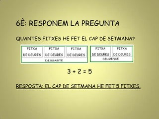 6È: RESPONEM LA PREGUNTA
QUANTES FITXES HE FET EL CAP DE SETMANA?
3 + 2 = 5
RESPOSTA: EL CAP DE SETMANA HE FET 5 FITXES.
 