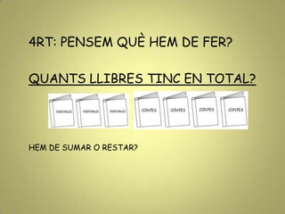 4RT: PENSEM QUÈ HEM DE FER?
QUANTS LLIBRES TINC EN TOTAL?
HEM DE SUMAR O RESTAR?
 