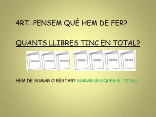 4RT: PENSEM QUÈ HEM DE FER?
QUANTS LLIBRES TINC EN TOTAL?
HEM DE SUMAR O RESTAR? SUMAR (BUSQUEM EL TOTAL)
 