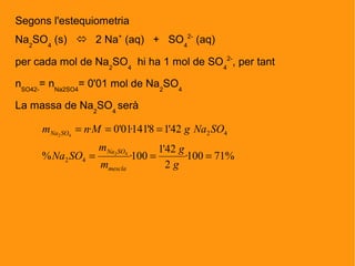 Segons l'estequiometria
Na2
SO4
(s)  2 Na+
(aq) + SO4
2-
(aq)
per cada mol de Na2
SO4
hi ha 1 mol de SO4
2-
, per tant
nSO42-
= nNa2SO4
= 0'01 mol de Na2
SO4
La massa de Na2
SO4
serà
%71100·
2
42'1
100·%
42'18'141·01'0·
42
42
42
42
===
===
g
g
m
m
SONa
SONagMnm
mescla
SONa
SONa
 