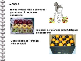 MODEL 3:   En una fruiteria hi ha 5 caixes de  pomes amb 1 dotzena a  cadascuna. i 3 caixes de taronges amb 2 dotzenes  a cadascuna. Quantes pomes i taronges  hi ha en total? 