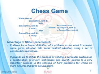 Chess Game
7
White pawn at
Square(file e, rank 2)
AND
Square(file e, rank 3)
is empty
AND
Square(file e, rank 4)
Is empty
Move pawn from
Square(file e, rank 2)
to Square(file e, rank 4)
Advantage of State Space Search
• It allows for a formal definition of a problem as the need to convert
some given situation into some desired situation using a set of
permissible operations.
• It permits us to define the process of solving a particular problem as
a combination of known techniques and search. Search is a very
important process in the solution of hard problems for which no
more direct techniques are available.
 