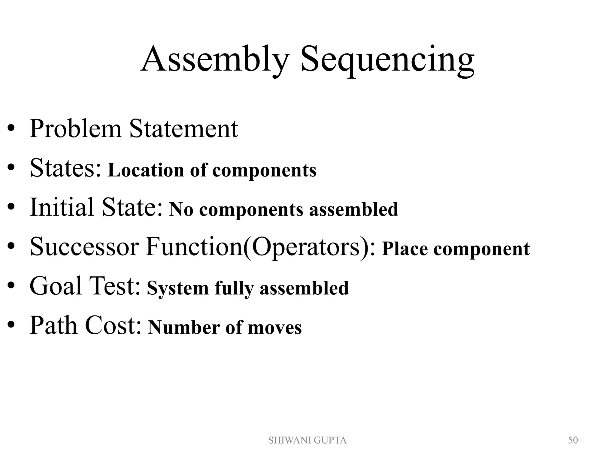 Assembly Sequencing
• Problem Statement
• States: Location of components
• Initial State: No components assembled
• Successor Function(Operators): Place component
• Goal Test: System fully assembled
• Path Cost: Number of moves
SHIWANI GUPTA 50
 