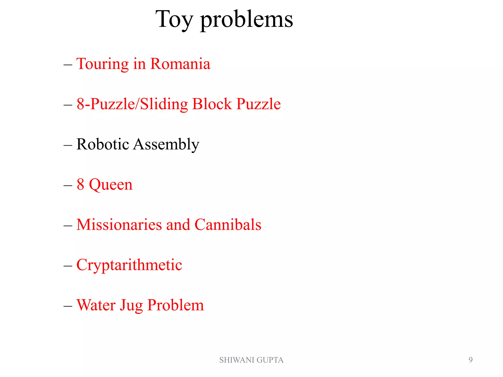 SHIWANI GUPTA 9
Toy problems
– Touring in Romania
– 8-Puzzle/Sliding Block Puzzle
– Robotic Assembly
– 8 Queen
– Missionaries and Cannibals
– Cryptarithmetic
– Water Jug Problem
 