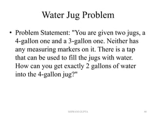 Water Jug Problem
• Problem Statement: "You are given two jugs, a
4-gallon one and a 3-gallon one. Neither has
any measuring markers on it. There is a tap
that can be used to fill the jugs with water.
How can you get exactly 2 gallons of water
into the 4-gallon jug?"
SHIWANI GUPTA 40
 