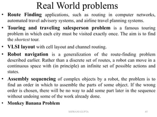 SHIWANI GUPTA 45
Real World problems
• Route Finding applications, such as routing in computer networks,
automated travel advisory systems, and airline travel planning systems.
• Touring and traveling salesperson problem is a famous touring
problem in which each city must be visited exactly once. The aim is to find
the shortest tour.
• VLSI layout with cell layout and channel routing.
• Robot navigation is a generalization of the route-finding problem
described earlier. Rather than a discrete set of routes, a robot can move in a
continuous space with (in principle) an infinite set of possible actions and
states.
• Assembly sequencing of complex objects by a robot, the problem is to
find an order in which to assemble the parts of some object. If the wrong
order is chosen, there will be no way to add some part later in the sequence
without undoing some of the work already done.
• Monkey Banana Problem
 