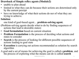 SHIWANI GUPTA 4
Drawback of Simple reflex agents (Module2)
• unable to plan ahead
• limited in what they can do because their actions are determined only
by the current percept
• have no knowledge of what their actions do nor of what they are
trying to achieve.
Solution:
one kind of goal-based agent… problem-solving agent.
(Problem-solving agents decide what to do by finding sequences of
actions that lead to desirable states)
• Goal formulation based on current situation
• Problem Formulation is the process of deciding what actions and
states to consider
• Search is the process of looking for different possible sequences of
actions leading to goal state
• Execution is carrying out actions recommended as solution by search
algorithm
A goal and a set of means for achieving the goal is called a problem, and
the process of exploring what the means can do is called search
 