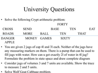 University Questions
• Solve the following Crypt arithmetic problem:
FORTY
CROSS SEND BASE TEN EAT
ROADS MORE BALL TEN THAT
DANGER MONEY GAMES SIXTY
APPLE
• You are given 2 jugs of cap 4l and 3l each. Neither of the jugs have
any measuring markers on them. There is a pump that can be used to
fill jugs with water. How can u get exactly 2l of water in 4l jug?
Formulate the problem in state space and draw complete diagram
• Consider jugs of volumes 3 and 7 units are available. Show the trace
to measure 2 and 5 units.
• Solve Wolf Goat Cabbage problem.
 