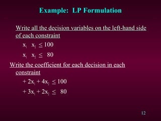12
Example: LP FormulationExample: LP Formulation
Write all the decision variables on the left-hand sideWrite all the decision variables on the left-hand side
of each constraintof each constraint
x1 x2 < 100
x1 x2 < 80
Write the coefficient for each decision in each
constraint
+ 2x1 + 4x2 < 100
+ 3x1 + 2x2 < 80
 