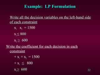 22
Example: LP FormulationExample: LP Formulation
Write all the decision variables on the left-hand sideWrite all the decision variables on the left-hand side
of each constraintof each constraint
x1 x2 = 1500
x1< 800800
x2 >> 600600
Write the coefficient for each decision in each
constraint
+ x1 + x2 = 1500
+ x1 < 800
x2 >> 600600
 