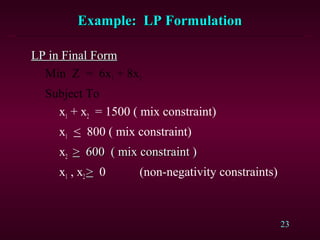 23
Example: LP FormulationExample: LP Formulation
LP in Final FormLP in Final Form
Min Z = 6x1 + 8x2
Subject To
x1 + x2 = 1500 ( mix constraint)
x1 < 800 ( mix constraint)
x2 >> 600 ( mix constraint )600 ( mix constraint )
x1 , x2 >> 0 (non-negativity constraints)
 