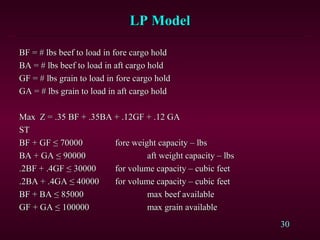 30
BF = # lbs beef to load in fore cargo holdBF = # lbs beef to load in fore cargo hold
BA = # lbs beef to load in aft cargo holdBA = # lbs beef to load in aft cargo hold
GF = # lbs grain to load in fore cargo holdGF = # lbs grain to load in fore cargo hold
GA = # lbs grain to load in aft cargo holdGA = # lbs grain to load in aft cargo hold
Max Z = .35 BF + .35BA + .12GF + .12 GAMax Z = .35 BF + .35BA + .12GF + .12 GA
STST
BF + GFBF + GF ≤ 70000≤ 70000 fore weight capacity – lbsfore weight capacity – lbs
BA + GA ≤ 90000BA + GA ≤ 90000 aft weight capacity – lbsaft weight capacity – lbs
.2BF + .4GF ≤ 30000.2BF + .4GF ≤ 30000 for volume capacity – cubic feetfor volume capacity – cubic feet
.2BA + .4GA ≤ 40000.2BA + .4GA ≤ 40000 for volume capacity – cubic feetfor volume capacity – cubic feet
BF + BA ≤ 85000BF + BA ≤ 85000 max beef availablemax beef available
GF + GA ≤ 100000GF + GA ≤ 100000 max grain availablemax grain available
LP ModelLP Model
 