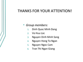 THANKS FOR YOUR ATTENTION!


  • Group members:
    1.   Dinh Quoc Minh Dang
    2.   Vo Huu Loc
    3.   Nguyen Dinh Minh Sang
    4.   Nguyen Hong To Ngan
    5.   Nguyen Ngoc Cam
    6.   Tran Thi Ngan Giang
 