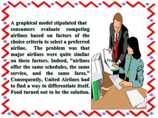 A graphical model stipulated thatA graphical model stipulated that
consumers evaluate competingconsumers evaluate competing
airlines based on factors of theairlines based on factors of the
choice criteria to select a preferredchoice criteria to select a preferred
airline. The problem was thatairline. The problem was that
major airlines were quite similarmajor airlines were quite similar
on these factors. Indeed, "airlineson these factors. Indeed, "airlines
offer the same schedules, the sameoffer the same schedules, the same
service, and the same fares.”service, and the same fares.”
Consequently, United Airlines hadConsequently, United Airlines had
to find a way to differentiate itself.to find a way to differentiate itself.
Food turned out to be the solution.Food turned out to be the solution.
 