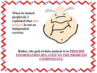 When he looked
perplexed, I
explained that data
analysis in not an
independent
exercise.
Rather, the goal of data analysis is to PROVIDE
INFORMATION RELATED TO THE PROBLEM
COMPONENTS.
 