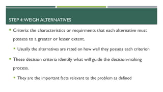 STEP 4:WEIGH ALTERNATIVES
 Criteria: the characteristics or requirments that each alternative must
possess to a greater or lesser extent.
 Usually the alternatives are rated on how well they possess each criterion
 These decision criteria identify what will guide the decision-making
process.
 They are the important facts relevant to the problem as defined
 