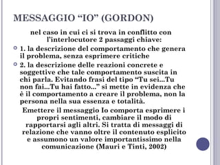 MESSAGGIO “IO” (GORDON)



nel caso in cui ci si trova in conflitto con
l’interlocutore 2 passaggi chiave:
1. la descrizione del comportamento che genera
il problema, senza esprimere critiche
2. la descrizione delle reazioni concrete e
soggettive che tale comportamento suscita in
chi parla. Evitando frasi del tipo “Tu sei...Tu
non fai...Tu hai fatto...” si mette in evidenza che
è il comportamento a creare il problema, non la
persona nella sua essenza e totalità.
Emettere il messaggio Io comporta esprimere i
propri sentimenti, cambiare il modo di
rapportarsi agli altri. Si tratta di messaggi di
relazione che vanno oltre il contenuto esplicito
e assumono un valore importantissimo nella
comunicazione (Mauri e Tinti, 2002)

 