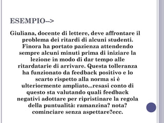 ESEMPIO-->
Giuliana, docente di lettere, deve affrontare il
problema dei ritardi di alcuni studenti.
Finora ha portato pazienza attendendo
sempre alcuni minuti prima di iniziare la
lezione in modo di dar tempo alle
ritardatarie di arrivare. Questa tolleranza
ha funzionato da feedback positivo e lo
scarto rispetto alla norma si è
ulteriormente ampliato...resasi conto di
questo sta valutando quali feedback
negativi adottare per ripristinare la regola
della puntualità: ramanzina? nota?
cominciare senza aspettare?ecc.

 