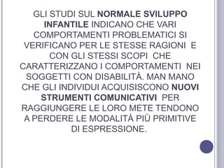 GLI STUDI SUL NORMALE SVILUPPO
INFANTILE INDICANO CHE VARI
COMPORTAMENTI PROBLEMATICI SI
VERIFICANO PER LE STESSE RAGIONI E
CON GLI STESSI SCOPI CHE
CARATTERIZZANO I COMPORTAMENTI NEI
SOGGETTI CON DISABILITÀ. MAN MANO
CHE GLI INDIVIDUI ACQUISISCONO NUOVI
STRUMENTI COMUNICATIVI PER
RAGGIUNGERE LE LORO METE TENDONO
A PERDERE LE MODALITÀ PIÙ PRIMITIVE
DI ESPRESSIONE.

 