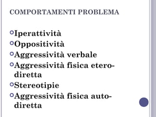 COMPORTAMENTI PROBLEMA
Iperattività
Oppositività
Aggressività

verbale
Aggressività fisica eterodiretta
Stereotipie
Aggressività fisica autodiretta

 