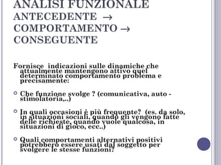 ANALISI FUNZIONALE
ANTECEDENTE →
COMPORTAMENTO →
CONSEGUENTE

Fornisce indicazioni sulle dinamiche che
attualmente mantengono attivo quel
determinato comportamento problema e
precisamente:


Che funzione svolge ? (comunicativa, auto stimolatoria,..)



In quali occasioni è più frequente? (es. da solo,
in situazioni sociali, quando gli vengono fatte
delle richieste, quando vuole qualcosa, in
situazioni di gioco, ecc..)



Quali comportamenti alternativi positivi
potrebbero essere usati dal soggetto per
svolgere le stesse funzioni?

 
