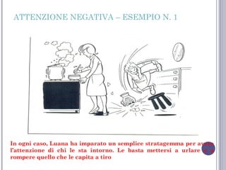 ATTENZIONE NEGATIVA – ESEMPIO N. 1

In ogni caso, Luana ha imparato un semplice stratagemma per avere
l’attenzione di chi le sta intorno. Le basta mettersi a urlare o a
rompere quello che le capita a tiro

 