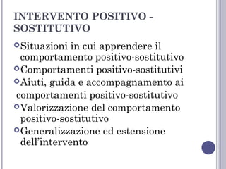 INTERVENTO POSITIVO SOSTITUTIVO
 Situazioni

in cui apprendere il
comportamento positivo-sostitutivo
 Comportamenti positivo-sostitutivi
 Aiuti, guida e accompagnamento ai
comportamenti positivo-sostitutivo
 Valorizzazione del comportamento
positivo-sostitutivo
 Generalizzazione ed estensione
dell’intervento

 