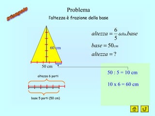 Problema
base 5 parti (50 cm)
altezza 6 parti
?
50
.
5
6
della
=
=
=
altezza
base
basealtezza
cm
50 : 5 = 10 cm
10 x 6 = 60 cm
l’altezza è frazione della base
50 cm
60 cm
 