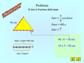 Problema
lato = 5 parti
base = 6 parti (60 cm)
?
60
.
6
5
della
=
=
=
lato
base
baselato
cm
60 : 6 = 10 cm
10 x 5 = 50 cm
Il lato è frazione della base
50 cm
 