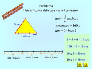 Problema
lato = 5 parti
??
160
.
6
5
della
baselato
perimetro
baselato
cm
−=
=
=
160 : 16 = 10 cm
10 x 5 = 50 cm
il lato è frazione della base - noto il perimetro
lato = 5 parti base = 6 parti
5 + 5 + 6 = 16 parti
50 cm
10 x 6 = 60 cm
60 cm
 