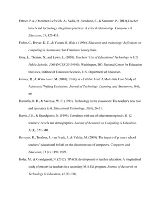 Ertmer, P.A., Ottenbreit-Leftwich, A., Sadik, O., Sendurur, E., & Sendurur, P. (2012).Teacher
beliefs and technology integration practices: A critical relationship. Computers &
Education, 59, 423-435.
Fisher, C., Dwyer, D. C., & Yocam, K. (Eds.). (1996). Education and technology: Reflections on
computing in classrooms. San Francisco: Jossey-Bass.
Gray, L., Thomas, N., and Lewis, L. (2010). Teachers’ Use of Educational Technology in U.S.
Public Schools: 2009 (NCES 2010-040). Washington, DC: National Center for Education
Statistics, Institute of Education Sciences, U.S. Department of Education.
Grimes, D., & Warschauer, M. (2010). Utility in a Fallible Tool: A Multi-Site Case Study of
Automated Writing Evaluation. Journal of Technology, Learning, and Assessment, 8(6),
n6.
Hannafin, R. D., & Savenye, W. C. (1993). Technology in the classroom: The teacher's new role
and resistance to it. Educational Technology, 33(6), 26-31.
Harris, J. B., & Grandgenett, N. (1999). Correlates with use of telecomputing tools: K-12
teachers’ beliefs and demographics. Journal of Research on Computing in Education,
31(4), 327–340.
Hermans, R., Tondeur, J., van Braak, J., & Valcke, M. (2008). The impact of primary school
teachers’ educational beliefs on the classroom use of computers. Computers and
Education, 51 (4), 1499-1509.
Hofer, M., & Grandgenett, N. (2012). TPACK development in teacher education: A longitudinal
study of preservice teachers in a secondary M.A.Ed. program. Journal of Research on
Technology in Education, 45, 83–106.
 