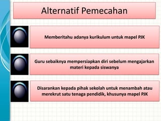 Alternatif Pemecahan

    Memberitahu adanya kurikulum untuk mapel PJK



Guru sebaiknya mempersiapkan diri sebelum mengajarkan
                materi kepada siswanya



 Disarankan kepada pihak sekolah untuk menambah atau
   merekrut satu tenaga pendidik, khusunya mapel PJK
 