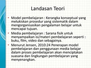 Landasan Teori
• Model pembelajaran : Kerangka konseptual yang
  melukiskan prosedur yang sistematik dalam
  mengorganisasikan pengalaman belajar untuk
  mencapai tujuan.
• Media pembelajaran : Sarana fisik untuk
  menyampaikan isi/materi pembelajaran seperti :
  buku, film, video dan sebagainya.
• Menurut Jensen, 2010:24 Penerapan model
  pembelajaran dan penggunaan media belajar
  dalam proses pembelajaran akan menciptakan
  suasana dan lingkungan pembelajaran yang
  menyenangkan.
 
