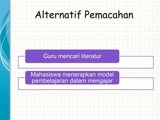 Alternatif Pemacahan



    Guru mencari literatur


Mahasiswa menerapkan model
pembelajaran dalam mengajar
 