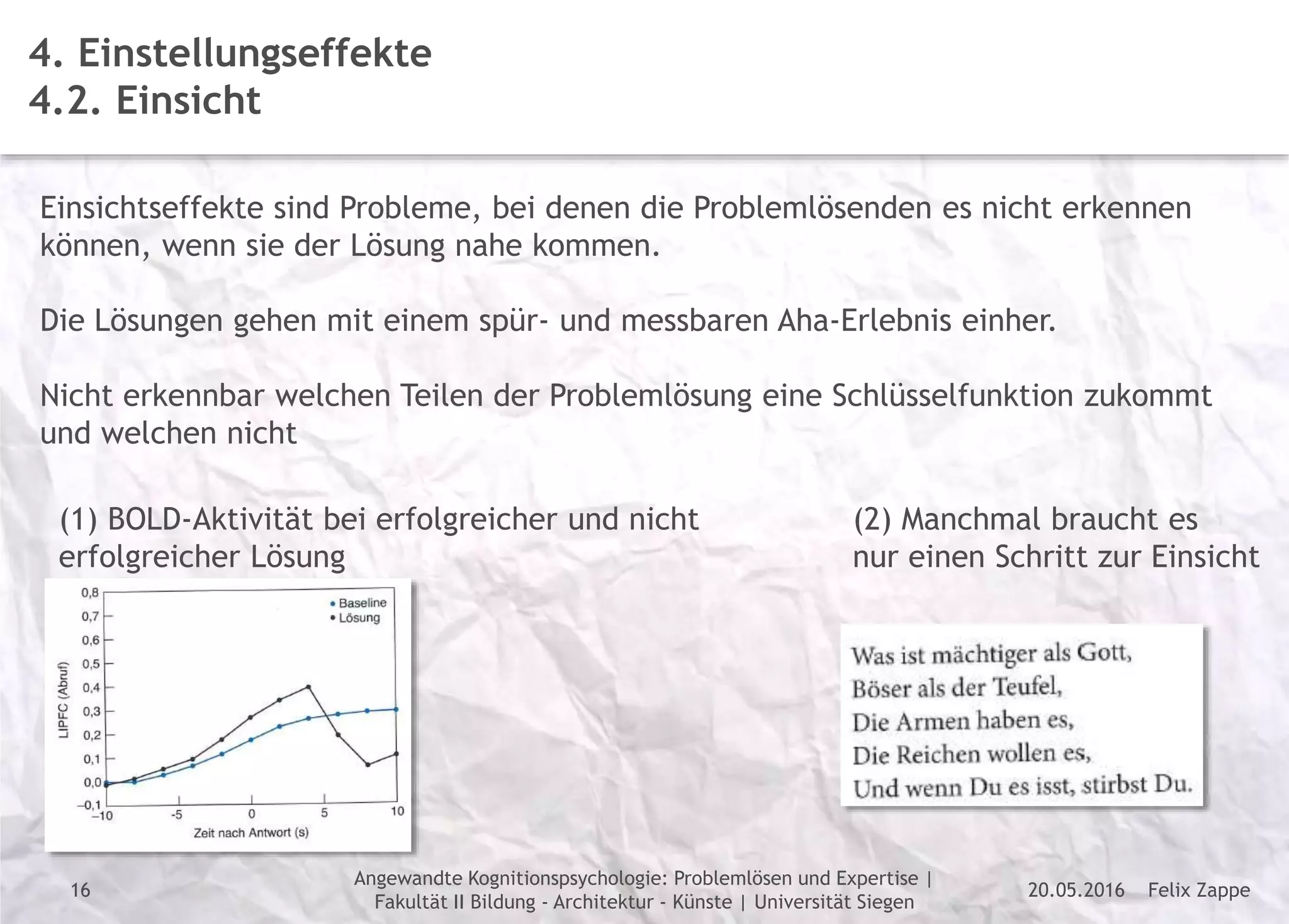 Felix Zappe20.05.2016
Angewandte Kognitionspsychologie: Problemlösen und Expertise |
Fakultät II Bildung - Architektur - Künste | Universität Siegen
Disclaimer
4. Einstellungseffekte
4.2. Einsicht
Einsichtseffekte sind Probleme, bei denen die Problemlösenden es nicht erkennen
können, wenn sie der Lösung nahe kommen.
Die Lösungen gehen mit einem spür- und messbaren Aha-Erlebnis einher.
Nicht erkennbar welchen Teilen der Problemlösung eine Schlüsselfunktion zukommt
und welchen nicht
(1) BOLD-Aktivität bei erfolgreicher und nicht
erfolgreicher Lösung
(2) Manchmal braucht es
nur einen Schritt zur Einsicht
16
 