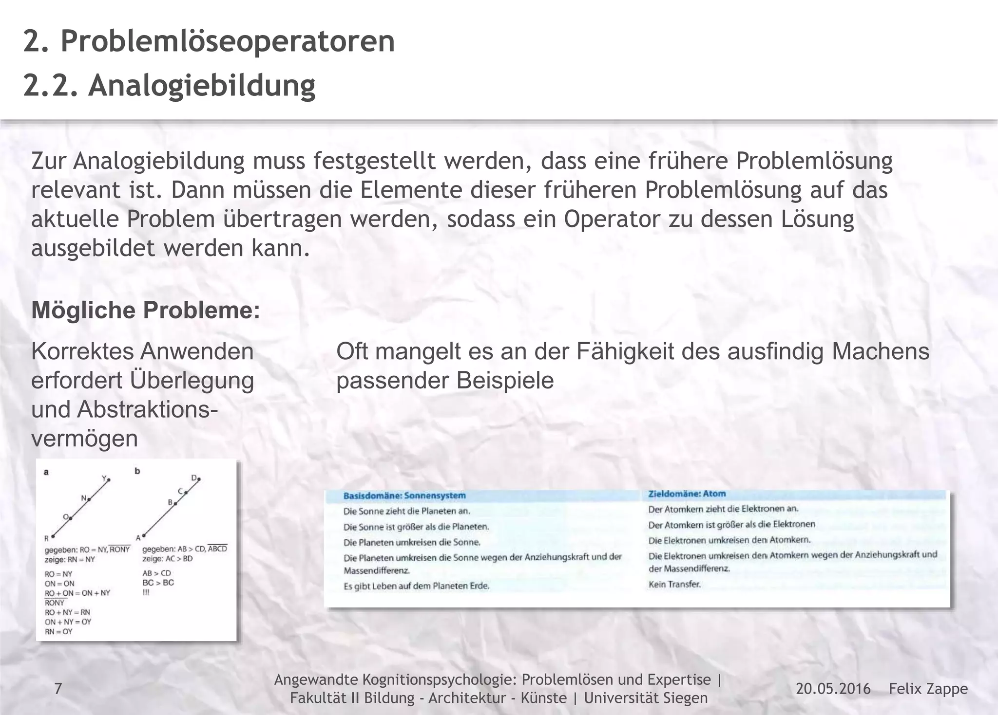 Felix Zappe20.05.2016
Angewandte Kognitionspsychologie: Problemlösen und Expertise |
Fakultät II Bildung - Architektur - Künste | Universität Siegen
Disclaimer
2. Problemlöseoperatoren
2.2. Analogiebildung
Zur Analogiebildung muss festgestellt werden, dass eine frühere Problemlösung
relevant ist. Dann müssen die Elemente dieser früheren Problemlösung auf das
aktuelle Problem übertragen werden, sodass ein Operator zu dessen Lösung
ausgebildet werden kann.
Mögliche Probleme:
Korrektes Anwenden
erfordert Überlegung
und Abstraktions-
vermögen
Oft mangelt es an der Fähigkeit des ausfindig Machens
passender Beispiele
7
 