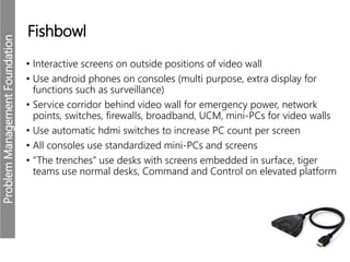 ProblemManagementFoundation
Fishbowl
• Interactive screens on outside positions of video wall
• Use android phones on consoles (multi purpose, extra display for
functions such as surveillance)
• Service corridor behind video wall for emergency power, network
points, switches, firewalls, broadband, UCM, mini-PCs for video walls
• Use automatic hdmi switches to increase PC count per screen
• All consoles use standardized mini-PCs and screens
• “The trenches” use desks with screens embedded in surface, tiger
teams use normal desks, Command and Control on elevated platform
 