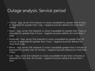 ProblemManagementFoundation
Outage analysis: Service period
• Critical - App, server, link (network or voice) unavailable for greater than 4 hours
or degraded for greater than 1 day – negative business delivery for more than 1
month
• Major - App, server, link (network or voice) unavailable for greater than 1 hour or
degraded for greater than 4 hours - negative business delivery for more than 1
week
• Moderate - App, server, link (network or voice) unavailable for greater than 30
minutes or degraded for greater than 1 hour - negative business delivery for
more than 1 day
• Minor - App, server, link (network or voice) unavailable greater than 5 minutes or
degraded for greater than 30 minutes - negative business delivery for more than
1 hour
• Low - App, server, link (network or voice) unavailable for less than 5 minutes or
degraded for less than 30 minutes - negative business delivery for less than 1
hour
 