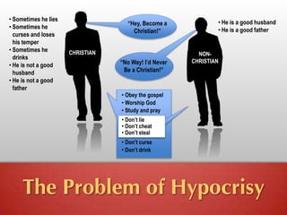 The Problem of Hypocrisy
“No Way! I’d Never
Be a Christian!”
• Sometimes he lies
• Sometimes he
curses and loses
his temper
• Sometimes he
drinks
• He is not a good
husband
• He is not a good
father
“Hey, Become a
Christian!”
• Obey the gospel
• Worship God
• Study and pray
• Don’t lie
• Don’t cheat
• Don’t steal
• Don’t curse
• Don’t drink
• He is a good husband
• He is a good father
NON-
CHRISTIAN
CHRISTIAN
 