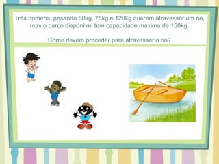 Três homens, pesando 50kg, 75kg e 120kg querem atravessar um rio, 
mas o barco disponível tem capacidade máxima de 150kg. 
Como devem proceder para atravessar o rio? 
 