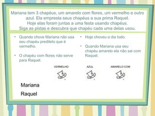 Mariana tem 3 chapéus, um amarelo com flores, um vermelho e outro 
azul. Ela empresta seus chapéus a sua prima Raquel. 
Hoje elas foram juntas a uma festa usando chapéus. 
Siga as pistas e descubra que chapéu cada uma delas usou. 
• Quando chove Mariana não usa 
seu chapéu predileto que é 
vermelho. 
• O chapéu com flores não serve 
para Raquel. 
• Hoje choveu o dia todo. 
• Quando Mariana usa seu 
chapéu amarelo ela não sai com 
Raquel. 
VERMELHO AZUL AMARELO COM 
FLORES 
Mariana 
Raquel 
 