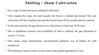 1 0
Shifting / Jhum Cultivation
• It is a type of slash and burns method of cultivation.
• After reaping the crops, the land (usually the forest) is slashed and burned. The next
cultivation will be in another plot and the burned land will let uncultivated for a period.
• In the early periods, the gap between two cultivations in land was 10-20 years.
• Due to population increase and availability of land is reduced, the gap decreased to
merely 2-3 years.
• This causes major deforestation, environmental pollution, loss of habitat for wild
animals etc.
• The burning of forests results in soil erosion and gradual degradation of soil.
 