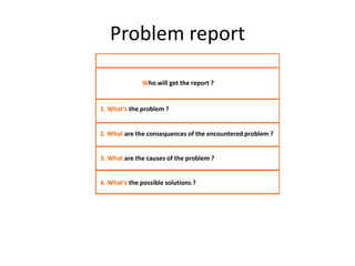 4. What’s the possible solutions ?
3. What are the causes of the problem ?
2. What are the consequences of the encountered problem ?
1. What’s the problem ?
Who will get the report ?
Problem report
www.relaxedprojectmanager.com
 