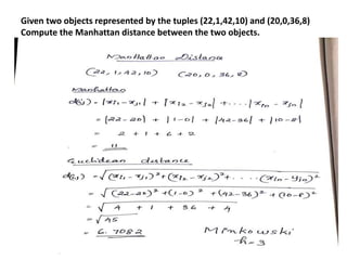 Given two objects represented by the tuples (22,1,42,10) and (20,0,36,8)
Compute the Manhattan distance between the two objects.
 