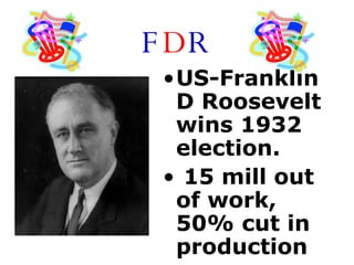 F D R US-Franklin D Roosevelt wins 1932 election. 15 mill out of work, 50% cut in production 