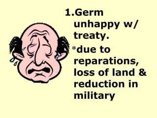 Germ unhappy w/ treaty. * due to   reparations, loss of land & reduction in military 