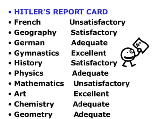 HITLER’S REPORT CARD French   Unsatisfactory Geography  Satisfactory German  Adequate Gymnastics  Excellent History  Satisfactory Physics  Adequate Mathematics  Unsatisfactory Art  Excellent Chemistry  Adequate Geometry  Adequate 