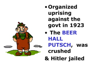 Organized  uprising against the govt in 1923 The  BEER HALL PUTSCH ,  was crushed  & Hitler jailed 